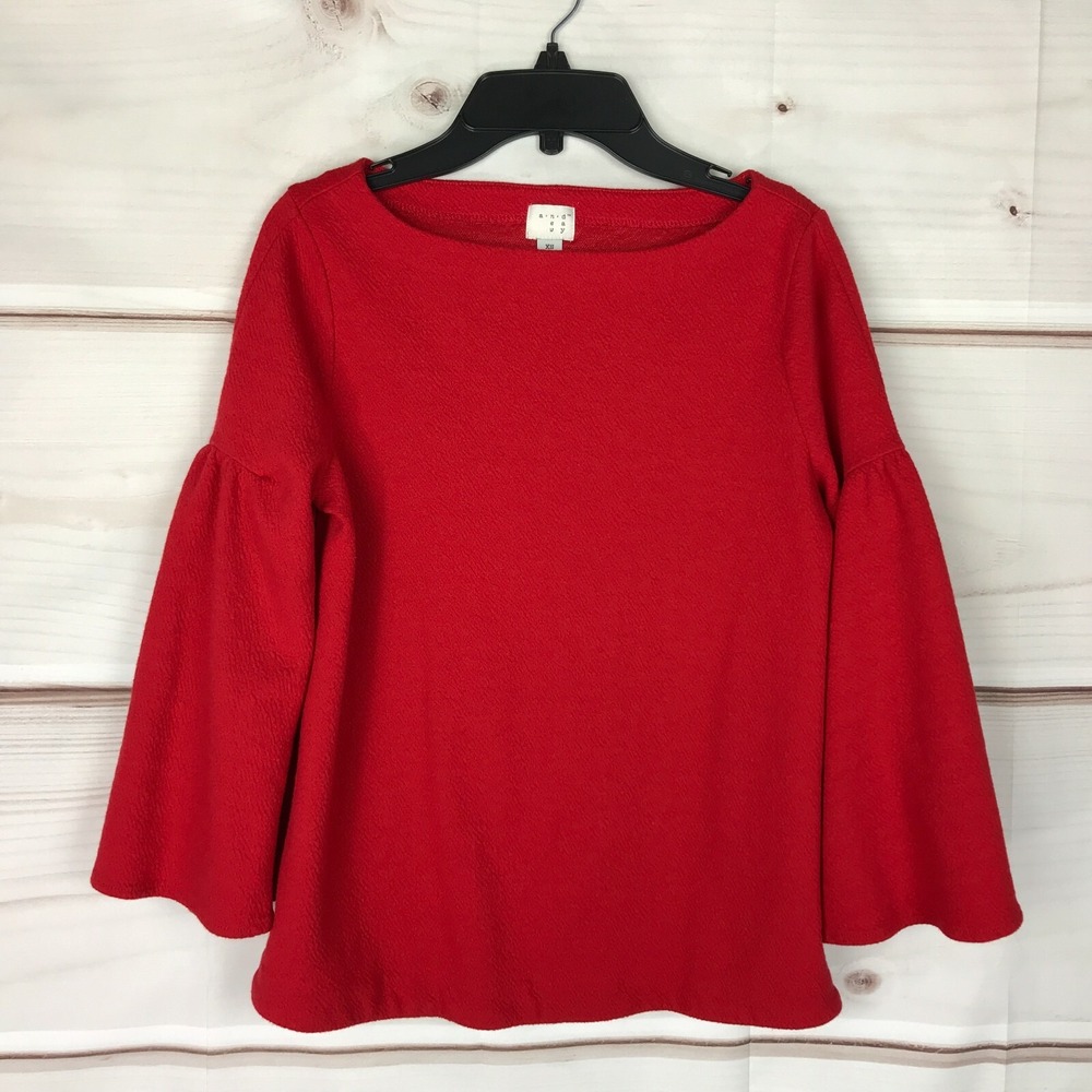 A New Day Top Womens XS Red Bell Sleeve Boat Neck Textured Knit Pullover Solid